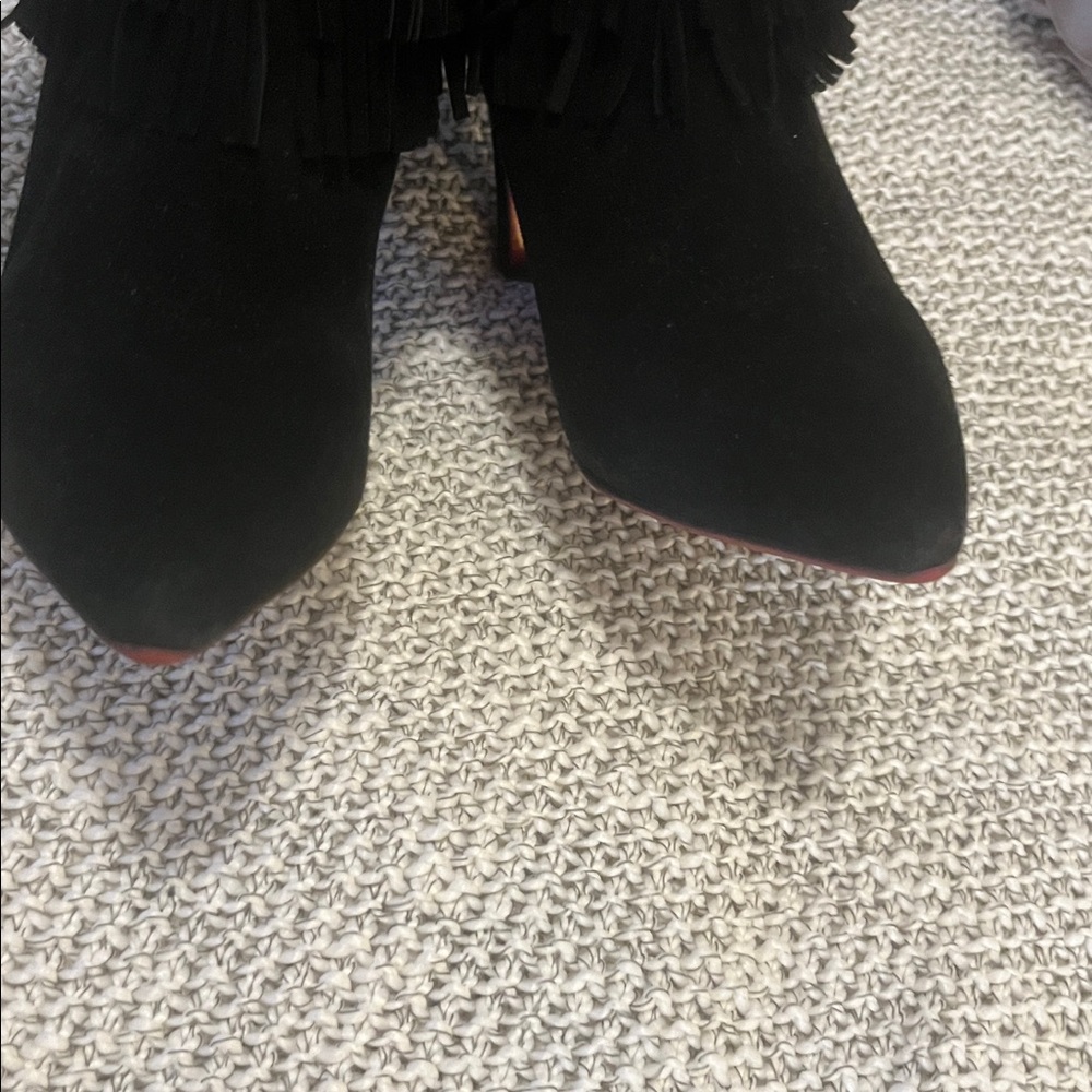 Black Suede Woman’s Pointed Toe Fringe Red Sole Stiletto Heel Ankle Booties - Picture 7 of 16